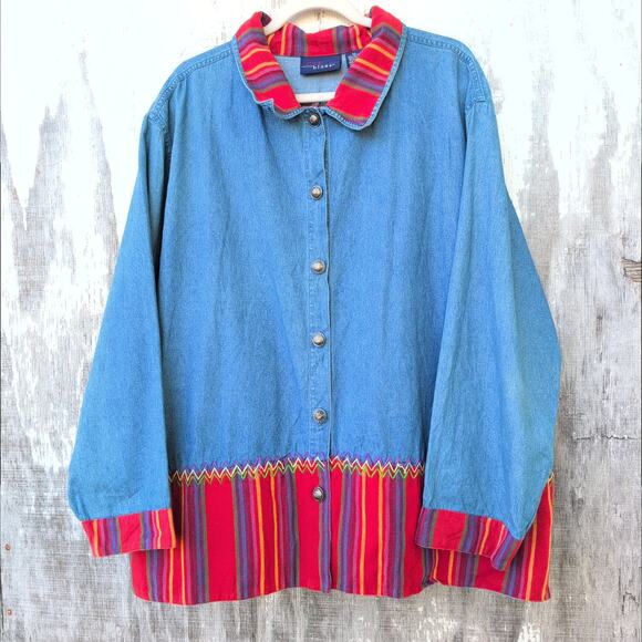 Vintage Embroidered Southwest Blanket Stripe Dopamine CottageCore ButtonDown 3X - Picture 1 of 11